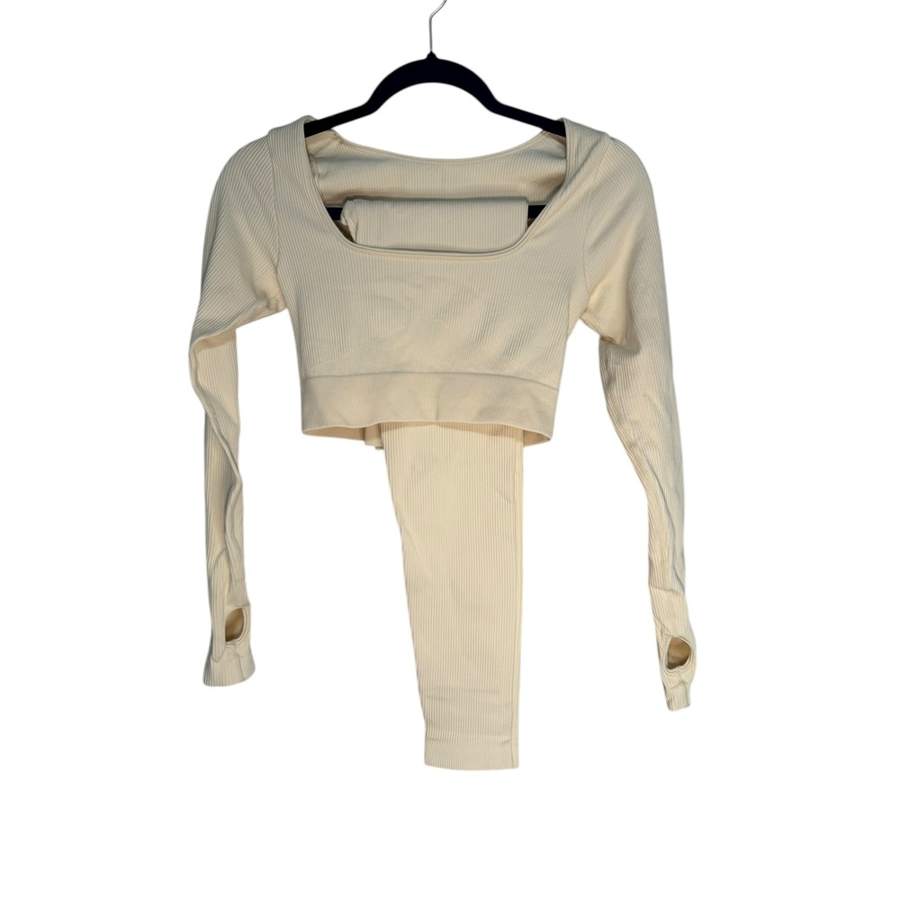 Ribbed‎ Long Sleeve Crop Top Thumbhole Leggings Set Workout Athleisure Cream M